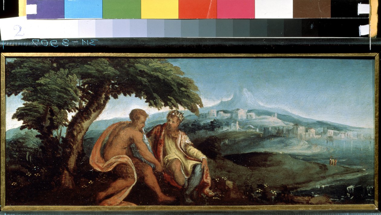 迈达斯国王和潘。安德烈亚-斯基亚沃内（Andrea Schiavone，约 1520-1582 年）的画作。布面油画 作者 安德里亚·夏维亚（Andrea Schiavone）