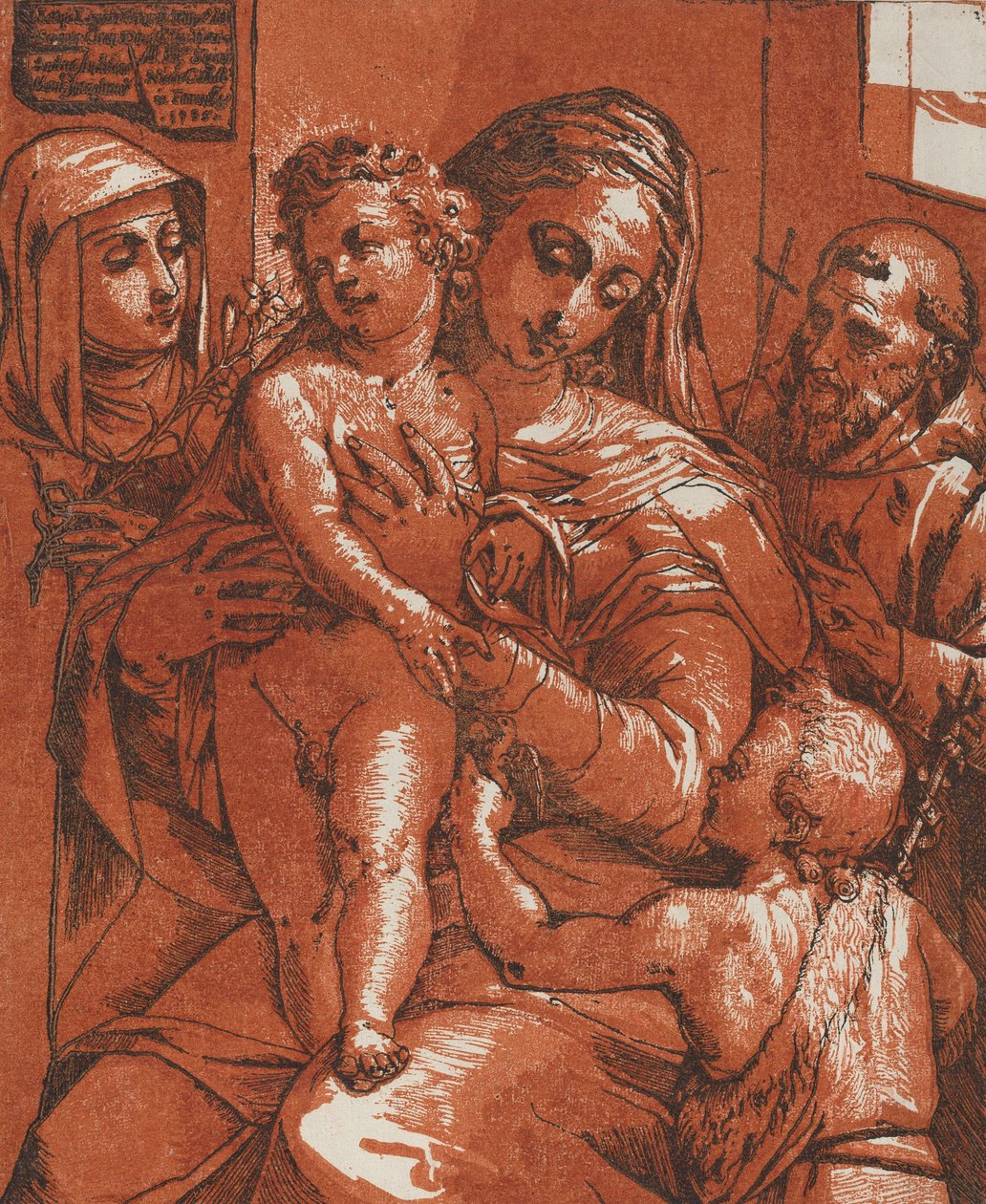 圣母玛利亚和圣徒陪伴下的儿童，1585年。 作者 安德里亚（Andrea Andreani）