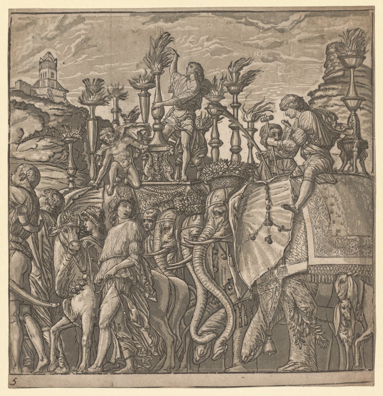 凯撒大帝（Julius Caesar）的胜利：手持火炬的大象，1593-99年。 作者 安德里亚（Andrea Andreani）