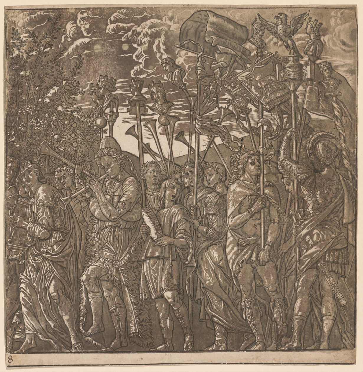 朱利叶斯·凯撒（Julius Caesar）的胜利：手持横幅和标准的士兵，1593-99年。 作者 安德里亚（Andrea Andreani）