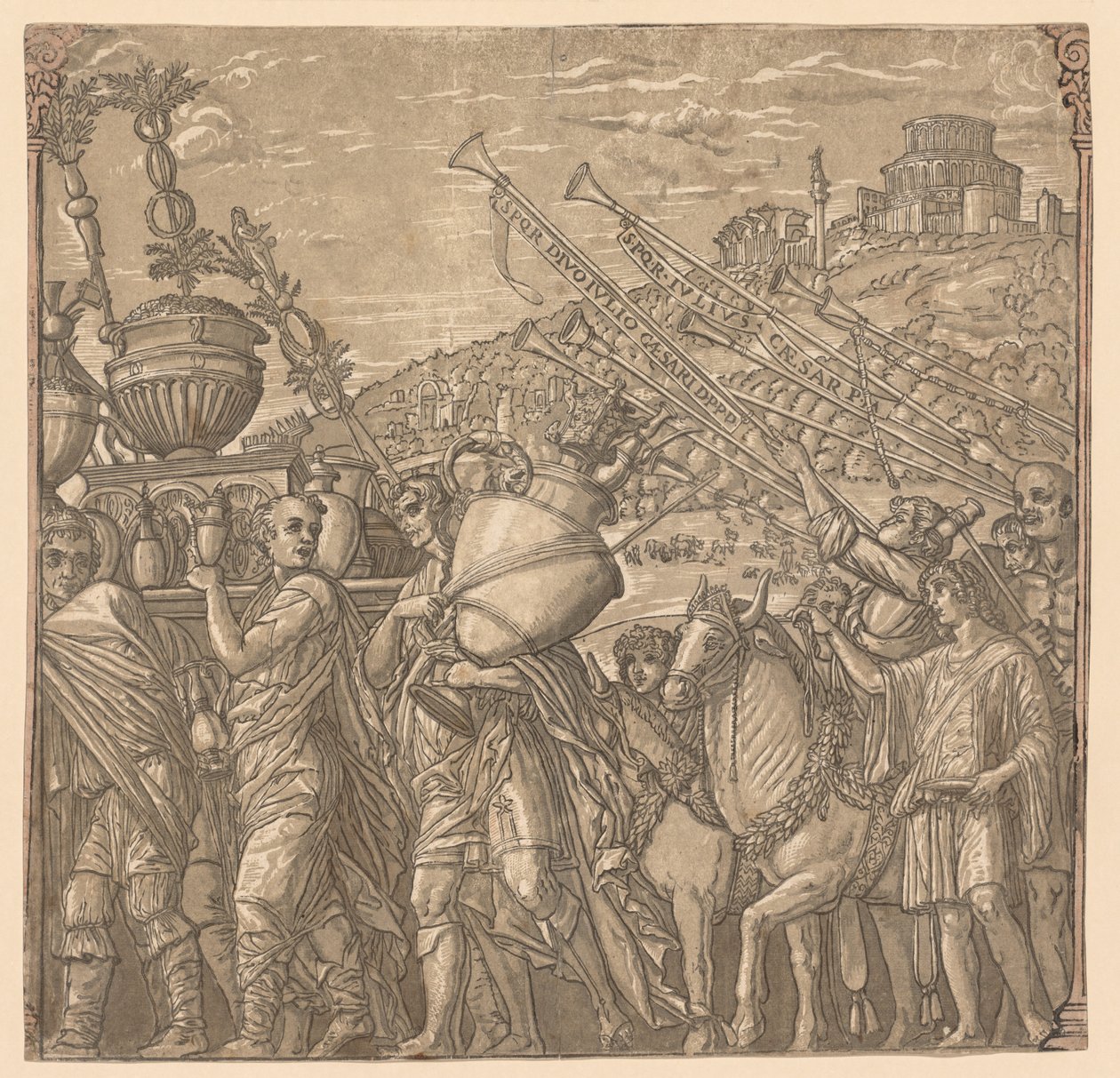 朱利叶斯·凯撒的胜利：士兵们手持花瓶，1593-99年。 作者 安德里亚（Andrea Andreani）