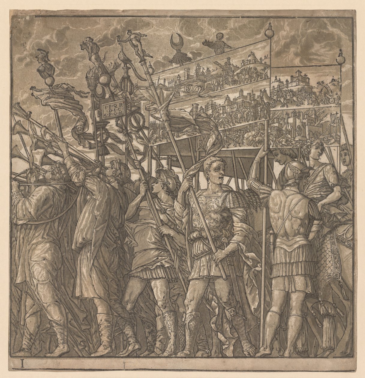 朱利叶斯·凯撒的胜利：携带战争图片的士兵，1593-99年。 作者 安德里亚（Andrea Andreani）
