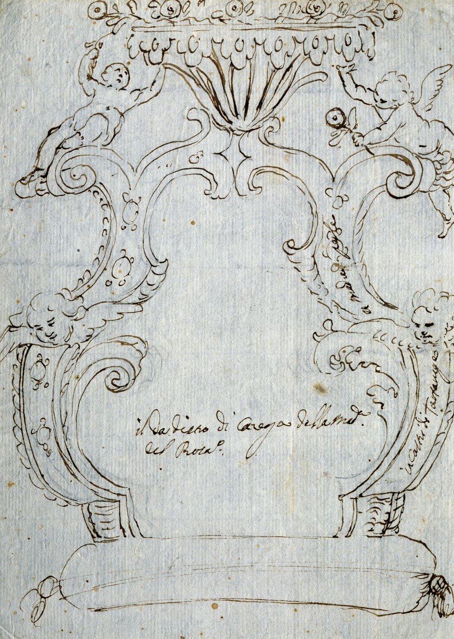 椅背草图，约1715年，安德烈-布鲁斯托隆（1662-1732），白纸铅笔和钢笔，意大利 作者 安德里亚·布鲁斯托隆（Andrea Brustolon）