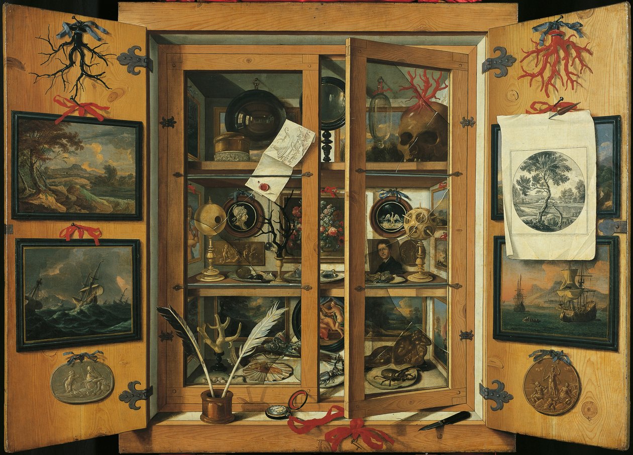 装有各种物品的好奇柜（带玻璃门），作者：Andrea Dominico Remps（1621-1699）。 作者 安德里亚·多梅尼科（Andrea Domenico）代表