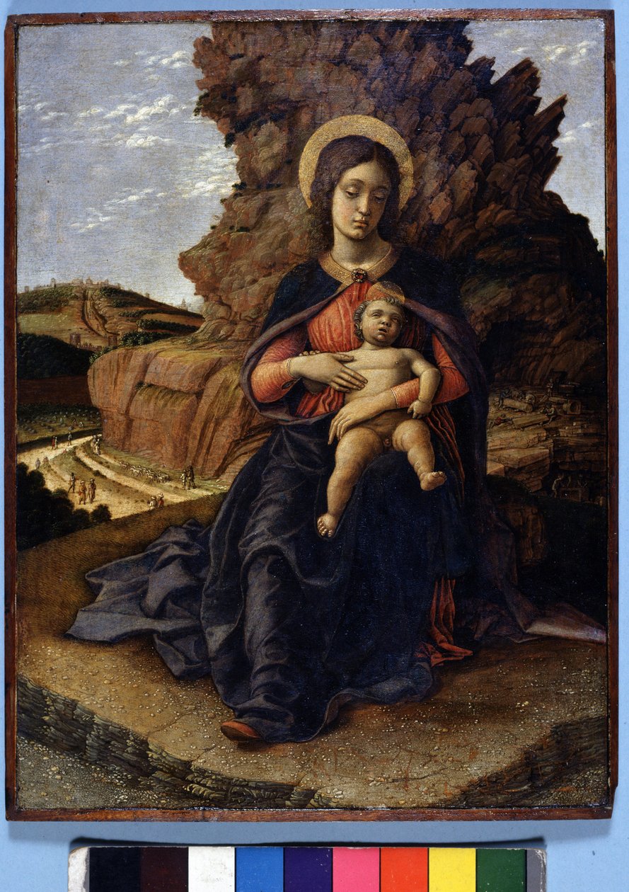 Andrea Mantegna，《采石场的圣母》：圣母和圣婴，背景是采石场和正在工作的工人，佛罗伦萨乌菲兹美术馆 作者 安德里亚·曼特尼亚（Andrea Mantegna）