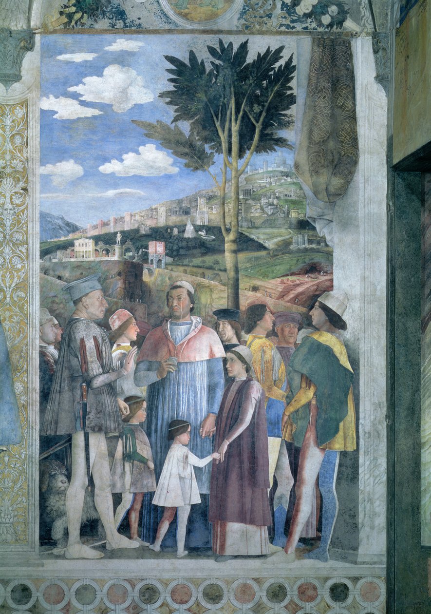 他的父亲Marchese Ludovico Gonzaga III迎接红衣主教弗朗西斯科·冈萨加的到来，在1444-78和他的兄弟们的统治下，从相机degli Sposi或Camera Picta，1465-74壁画细节78449 作者 安德里亚·曼特尼亚（Andrea Mantegna）