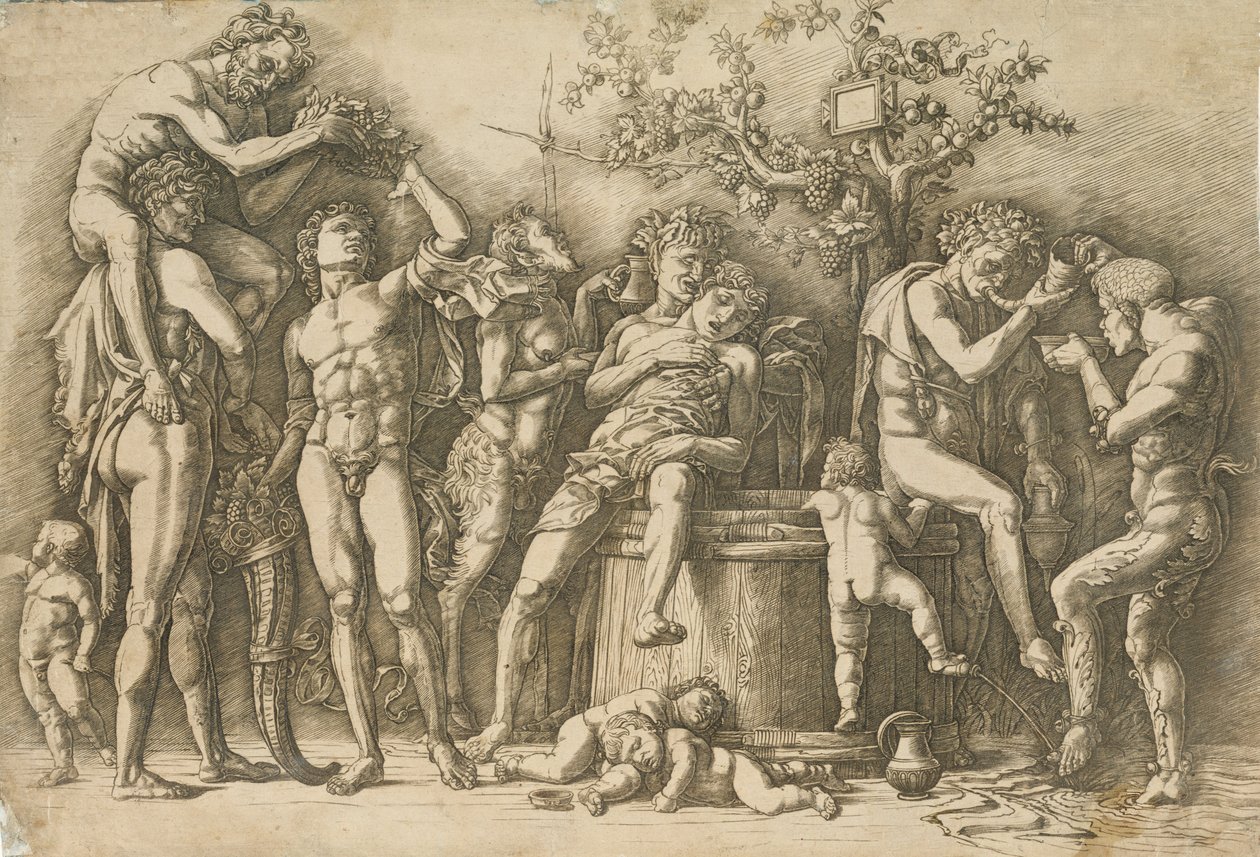 带酒桶的巴克斯坦，约1470-90。 作者 安德里亚·曼特尼亚（Andrea Mantegna）