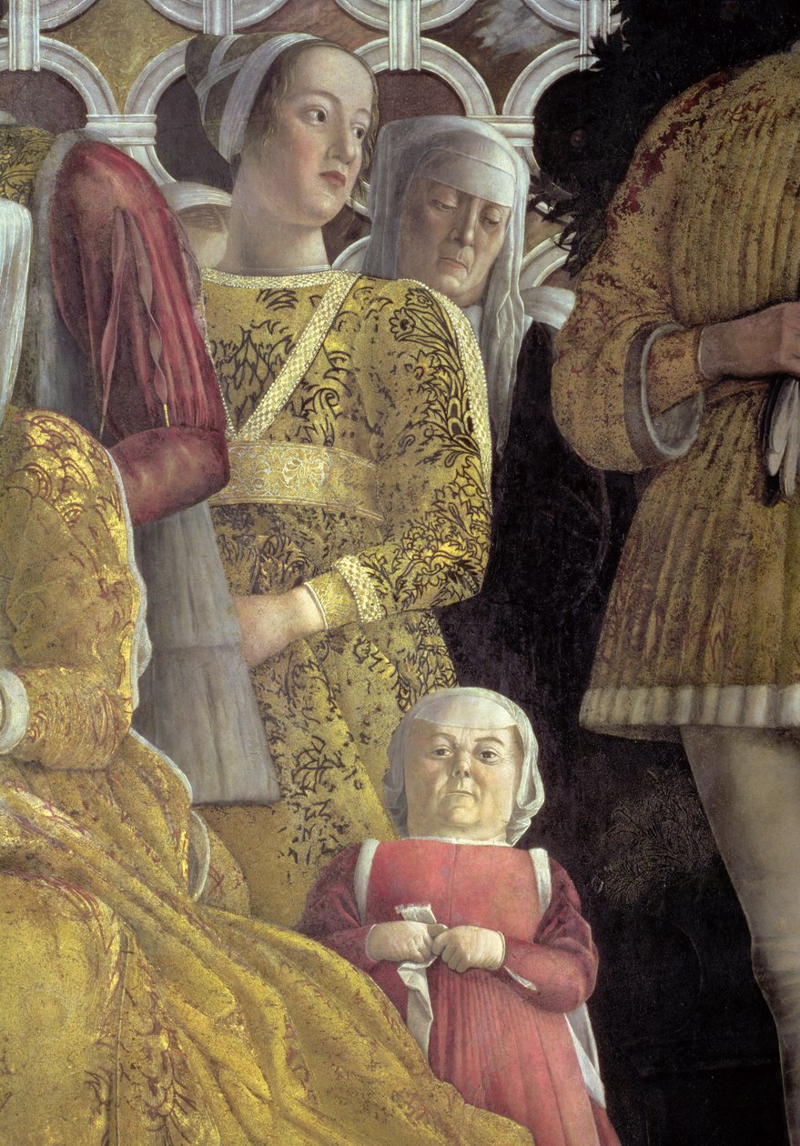 矮人和其他朝臣从曼图亚的Marchese Ludovico Gonzaga III的家庭和宫廷的集体肖像，来自相机degli Sposi或相机Picta，1465-74壁画细节78449 作者 安德里亚·曼特尼亚（Andrea Mantegna）