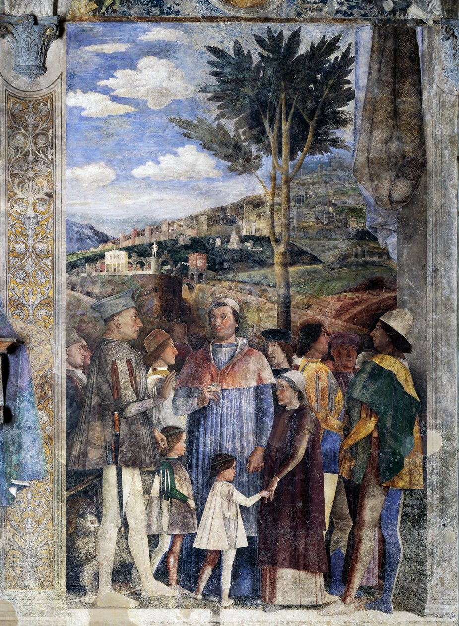 L. Gonzaga，他的儿子红衣主教 Francesco Gonzaga，Federico I Gonzaga，Francesco，Sigismondo，右边，神圣罗马帝国皇帝腓特烈三世，丹麦的克里斯蒂安一世，会议墙，细节（壁画） 作者 安德里亚·曼特尼亚（Andrea Mantegna）