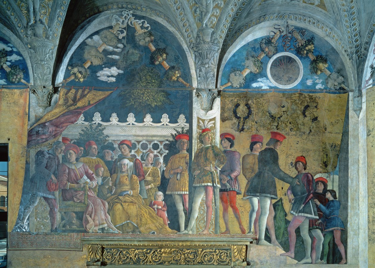 Marchese Ludovico Gonzaga III，他的妻子Barbara of Brandenburg，他们的孩子，朝臣和他们的狗Rubino，来自Camera degli Sposi或Camera Picta，1465-74 作者 安德里亚·曼特尼亚（Andrea Mantegna）