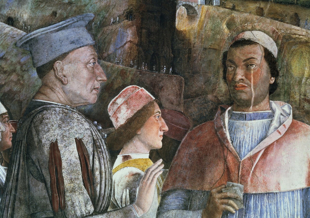 曼图亚的Marchese Ludovico Gonzaga III在1444-78岁时为他的儿子Cardinal Francesco Gonzaga致敬，他们来自Camera degli Sposi或Camera Picta，1465-74壁画细节78449 作者 安德里亚·曼特尼亚（Andrea Mantegna）
