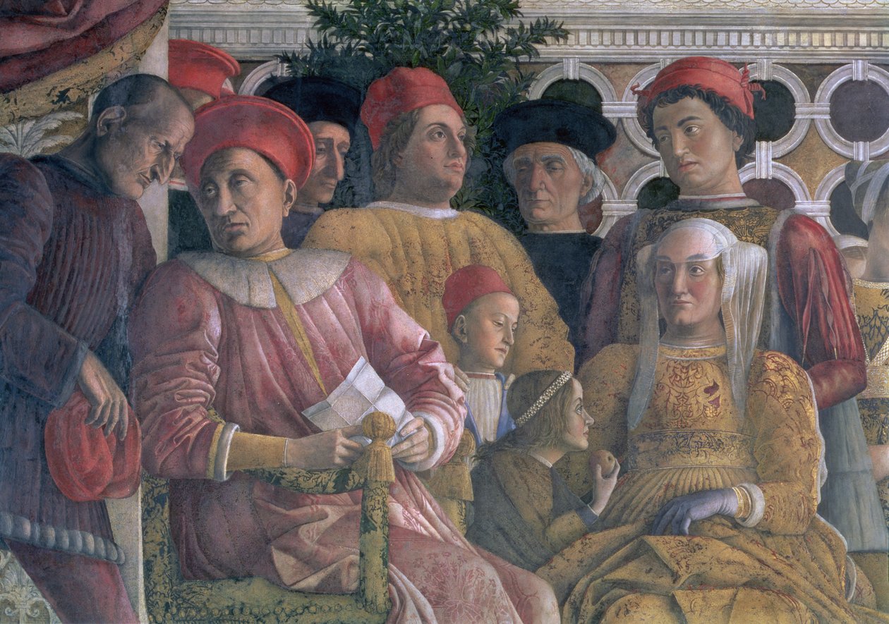 曼图亚的Marchese Ludovico Gonzaga III在1444-78统治，他的妻子Barbara of Brandenburg，儿童和朝臣，来自Camera degli Sposi或Camera Picta，1465-74壁画细节78449 作者 安德里亚·曼特尼亚（Andrea Mantegna）