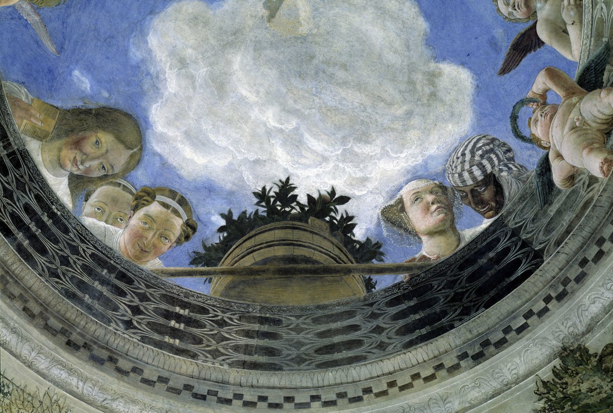 意大利曼托瓦公爵宫配偶之家天花板的凹槽（Camera degli Sposi，Palazzo Ducale，Mantova）：寓言人物和肉体细节。安德里亚-曼特纳（1431-1506 年）的壁画 作者 安德里亚·曼特尼亚（Andrea Mantegna）