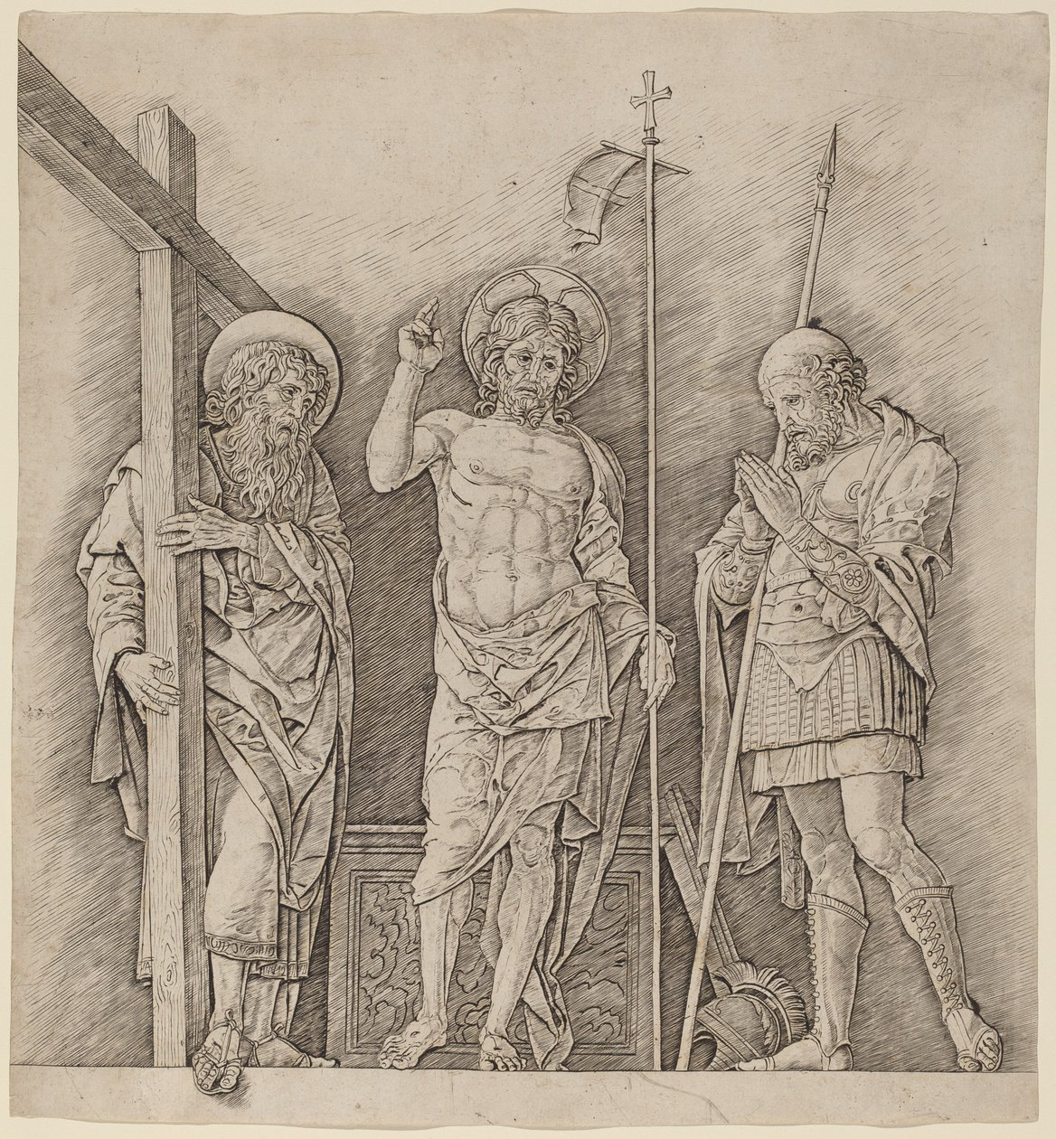 在圣人安德鲁和朗基努斯之间复活的基督 作者 安德里亚·曼特尼亚（Andrea Mantegna）