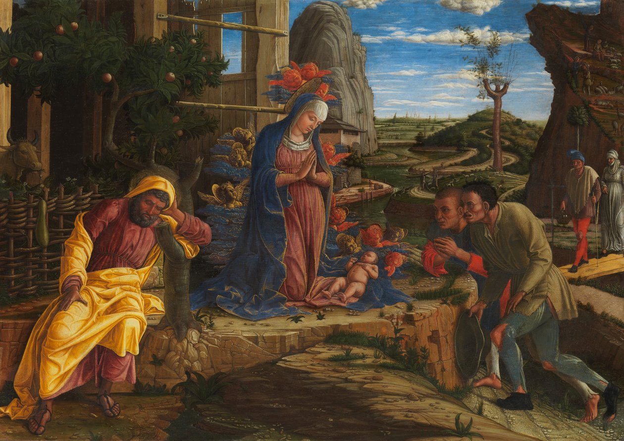 1450年后不久，牧羊人的崇拜。 作者 安德里亚·曼特尼亚（Andrea Mantegna）