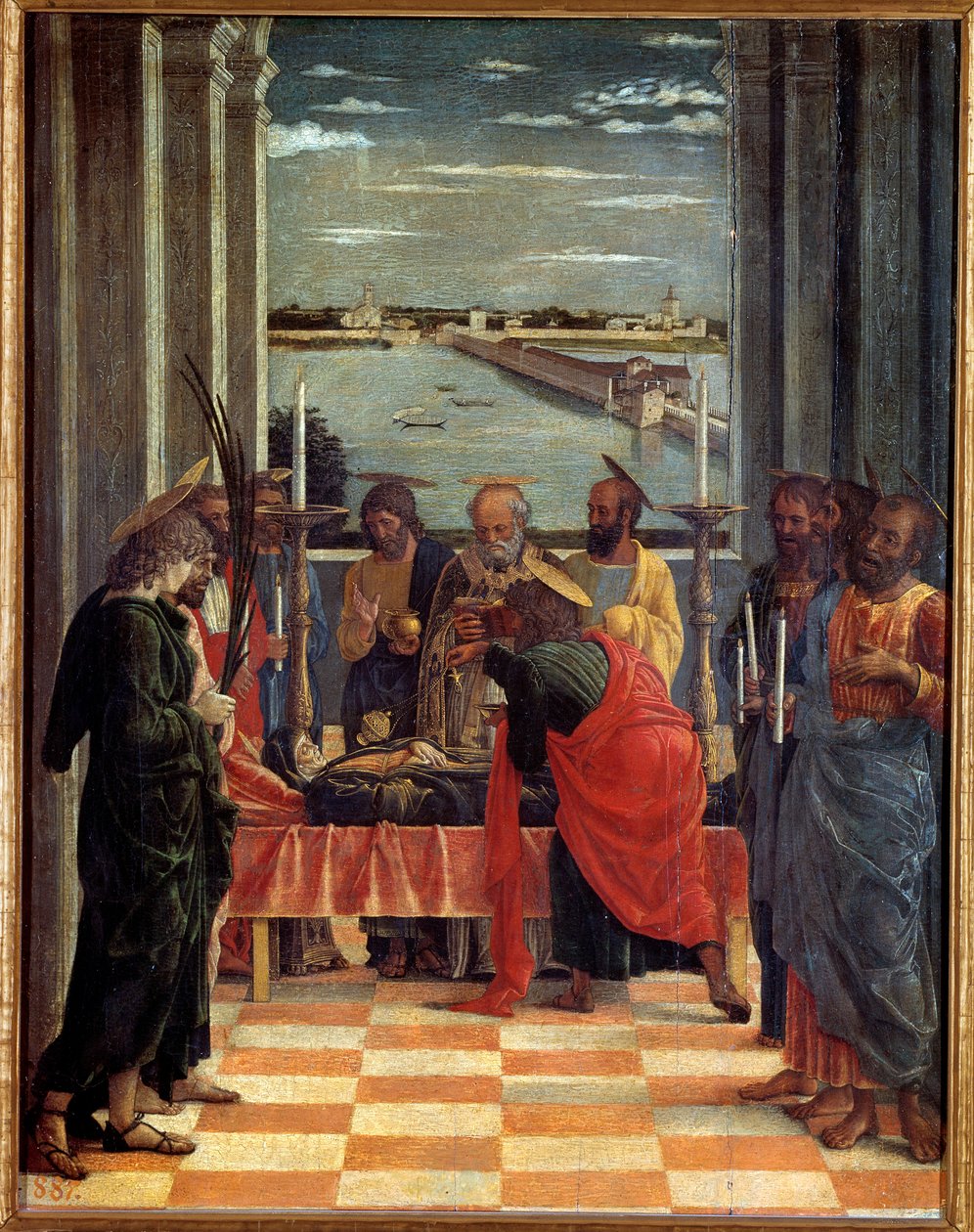 处女之死 Andrea Mantegna (1431-1506) 1461 年作画。 0,54x0,42 m 马德里，普拉多博物馆 - 圣母之死。 Andrea Mantegna (1431-1506) 的绘画 作者 安德里亚·曼特尼亚（Andrea Mantegna）