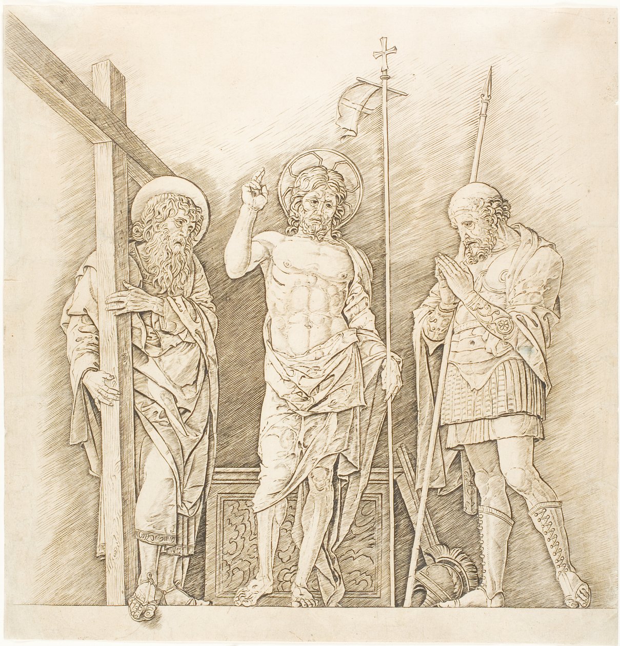 复活的基督在圣人安德鲁和朗基努斯之间 作者 安德里亚·曼特尼亚（Andrea Mantegna）