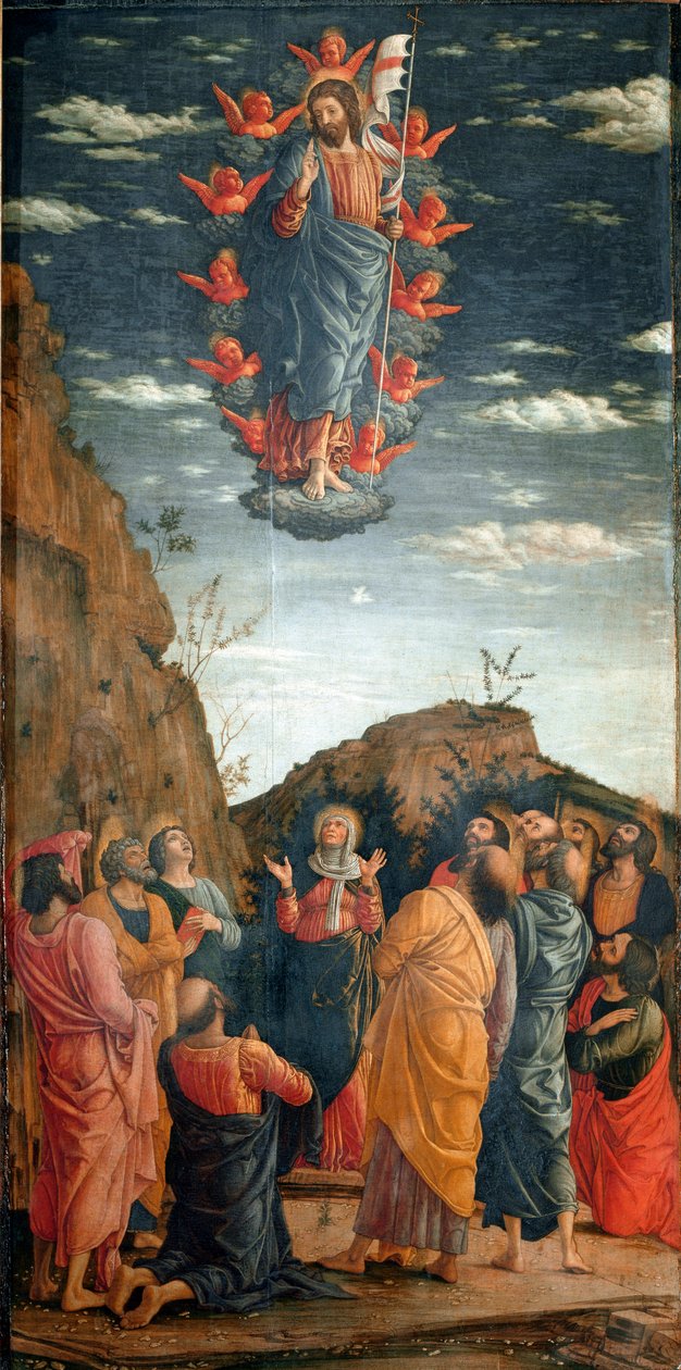 上升。 Andrea Mantegna (1431-1506) 作于 1460 年的画作。86x42,5 厘米。 佛罗伦萨，乌菲兹美术馆。 - 安德里亚·曼特尼亚 (Andrea Mantegna)（1431-1506 年）的《基督的升天》。 木头蛋彩画，86x42.5 厘米 作者 安德里亚·曼特尼亚（Andrea Mantegna）