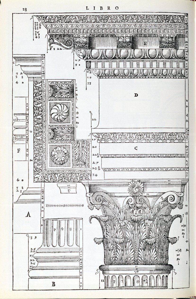来自Trajan的Tempio的装饰细节，插图来自Palladio所写的&39;I Quattro Libri dell&39;Architettura&39;的传真副本，最初出版1570 作者 安德里亚·帕拉迪奥（Andrea Palladio）