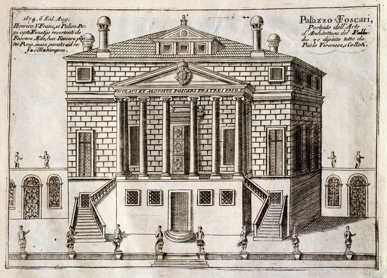 米拉的福斯卡利别墅的主立面，被称为La Malcontenta，由Andrea Palladio（1508-1580）设计，雕刻自Along Brenta Canal，几乎是威尼斯市的一个区，由Vincenzo Coronelli（1650-1718）设计，威尼斯 作者 安德里亚·帕拉迪奥（Andrea Palladio）