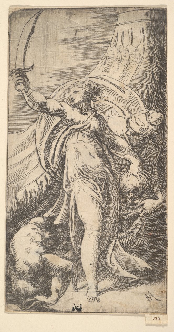 朱迪思（Judith）的剑在右手举起，将霍洛弗内斯（Holofernes）的头放在萨克... 1542-45。 作者 安德里亚·夏维亚（Andrea Schiavone）