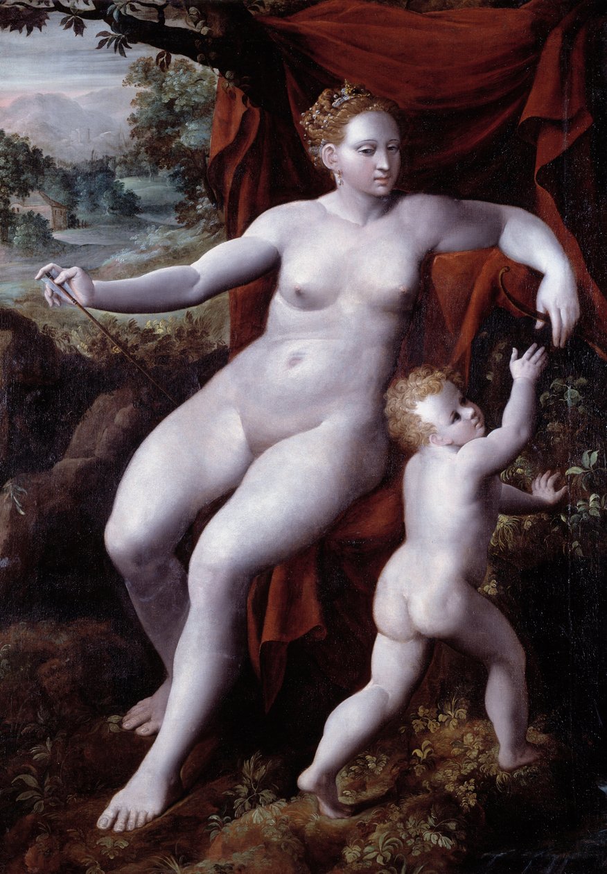 Venus and Cupid Painting by Andrea Semino (1526-1594) 1577 Genes, Musei di Strada Nuova (ex Palazzo Bianco) 作者 安德里亚·塞米诺（Andrea Semino）