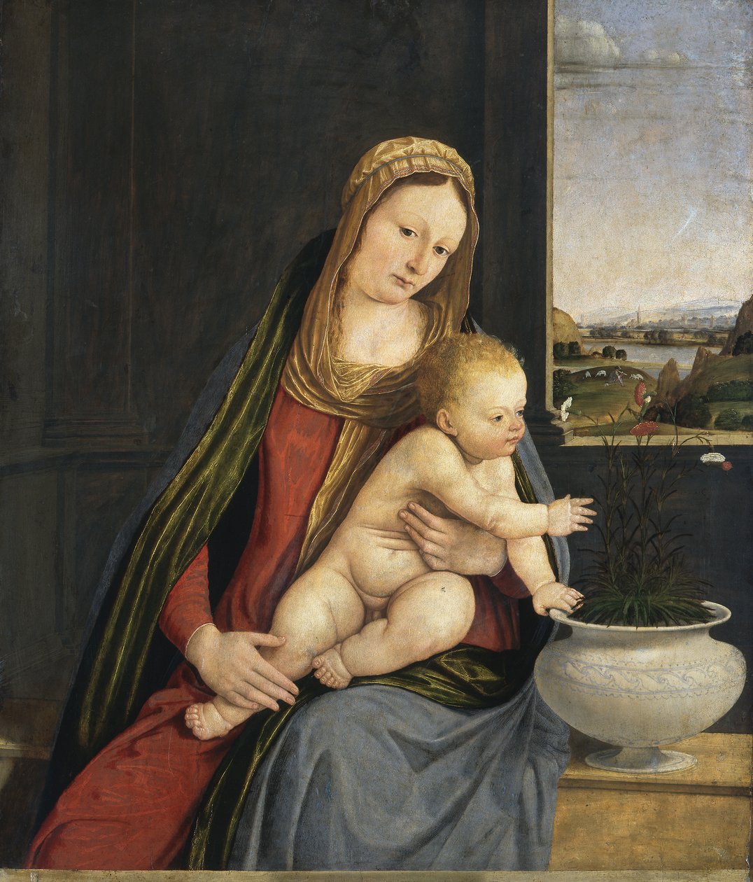 康乃馨圣母，c.1495（船上有油和蛋彩画） 作者 安德里亚·索拉里奥（Andrea Solario）