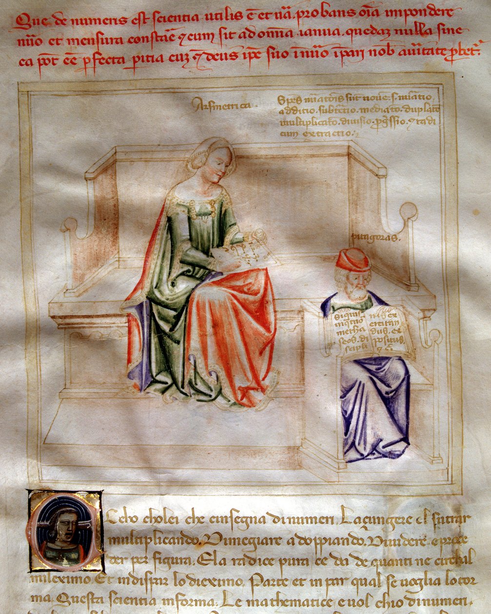 巴托洛梅奥·迪·巴托利 (Bartolomeo di Bartoli) 所著的“《Chansonne des sept Vertus et des sept 艺术自由主义注定要布鲁齐奥·维斯康蒂》(The Song of Virtues and Sciences) 中的算术寓言。 Andrea di Bartoli 的水彩画（活跃于 1358 年至 1368 年之间）（599 女士， 作者 安德里亚·德·巴托利