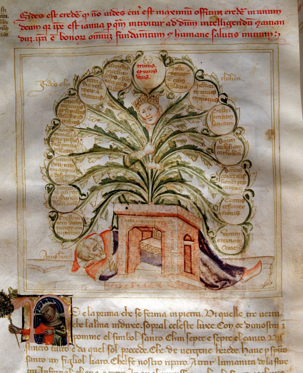 Bartolomeo di Bartoli 在“”Chansonne des sept Vertus et des sept 艺术自由主义者注定布鲁齐奥维斯康蒂“（美德与科学之歌）中的埃斯佩兰斯寓言。 Andrea di Bartoli 的水彩画（活跃于 1358 年和 1368 年之间）（ms. 599，fol 作者 安德里亚·德·巴托利