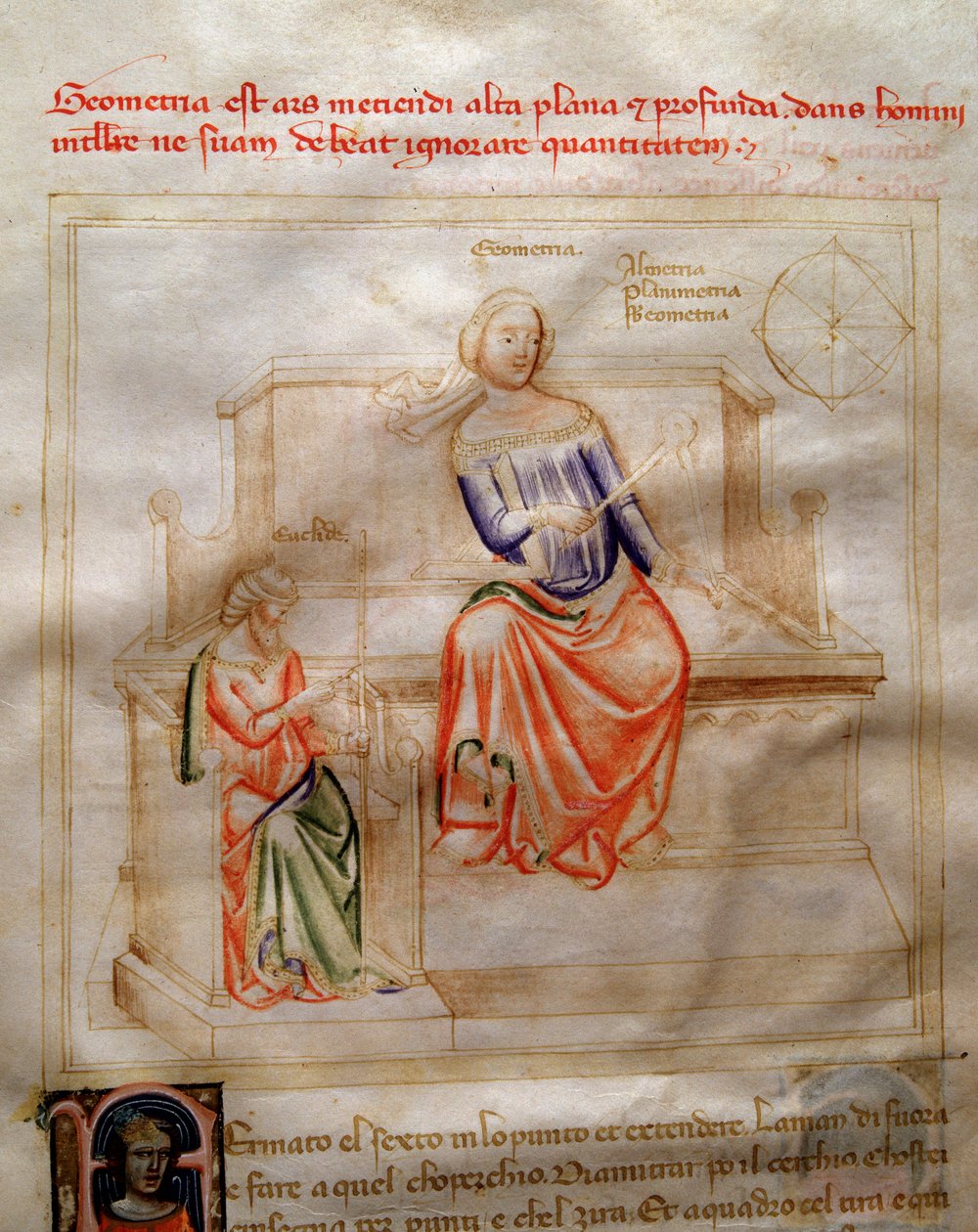 巴托洛梅奥·迪·巴托利 (Bartolomeo di Bartoli) 所著的““Chansonne des sept Vertus et des sept 艺术自由主义者注定要 Bruzio Visconti”（美德与科学之歌）中的几何寓言。 Andrea di Bartoli 的水彩画（活跃于 1358 年和 1368 年之间）（女士 599，fo 作者 安德里亚·德·巴托利