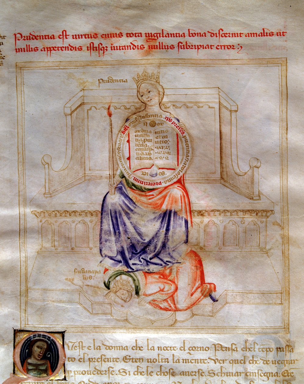 巴托洛梅奥·迪·巴托利 (Bartolomeo di Bartoli) 的“《Chansonne des sept Vertus et des sept 艺术自由主义注定要布鲁齐奥·维斯康蒂》(The Song of Virtues and Sciences) 中的谨慎寓言。 Andrea di Bartoli 的水彩画（活跃于 1358 年和 1368 年之间）（ms. 599，fol 作者 安德里亚·德·巴托利