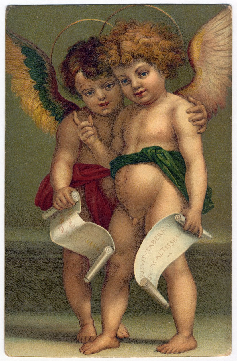 两个天使。虔诚的图像，根据画家ANDREA DEL SARTO（1486-1530）的作品，德累斯顿，约1910年（色版画）。 作者 安德里亚·德尔（后）萨托