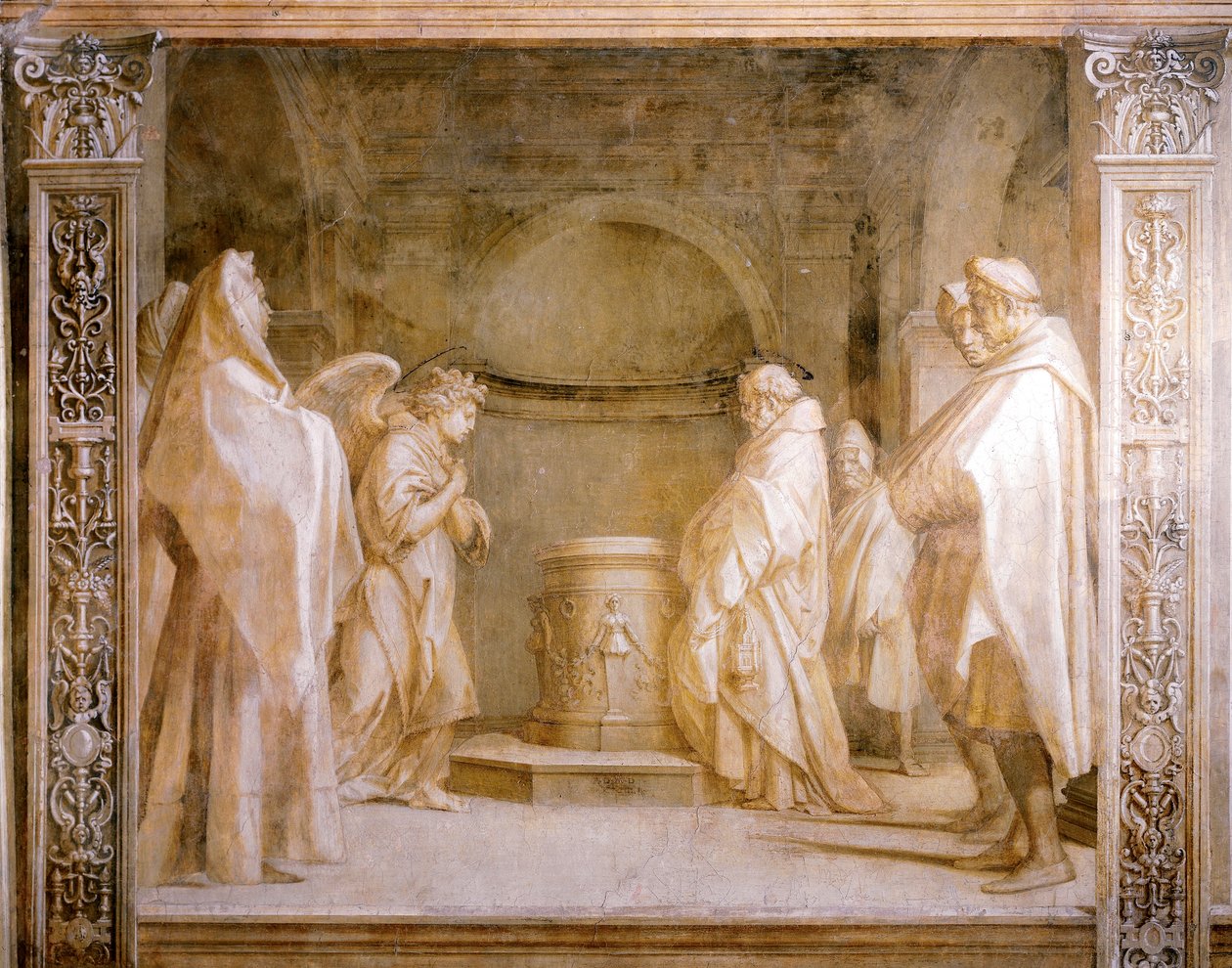 天使宣布撒迦利亚生下孩子，细节来自安德里亚·德尔·萨托（Andrea del Sarto，1486-1530 年）的《圣母故事》，单色壁画，佛罗伦萨斯卡尔佐修道院 作者 安德里亚·德尔·萨托（Andrea del Sarto）