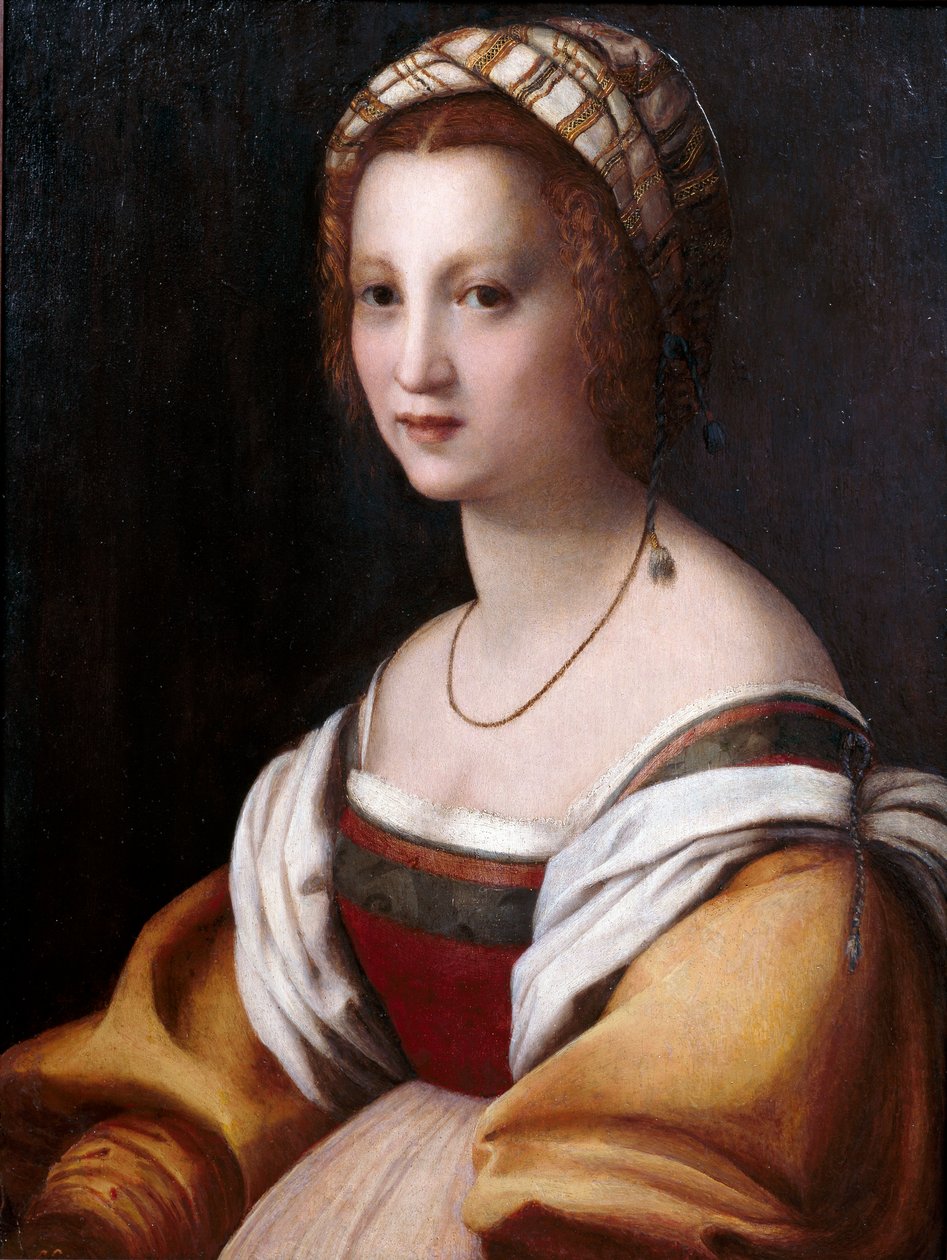 "" Portrait de femme ""（女人的肖像） Andrea del Sarto (1486-1531) 绘画，大约 1514 年暗淡 73x56 厘米马德里普拉多博物馆 作者 安德里亚·德尔·萨托（Andrea del Sarto）