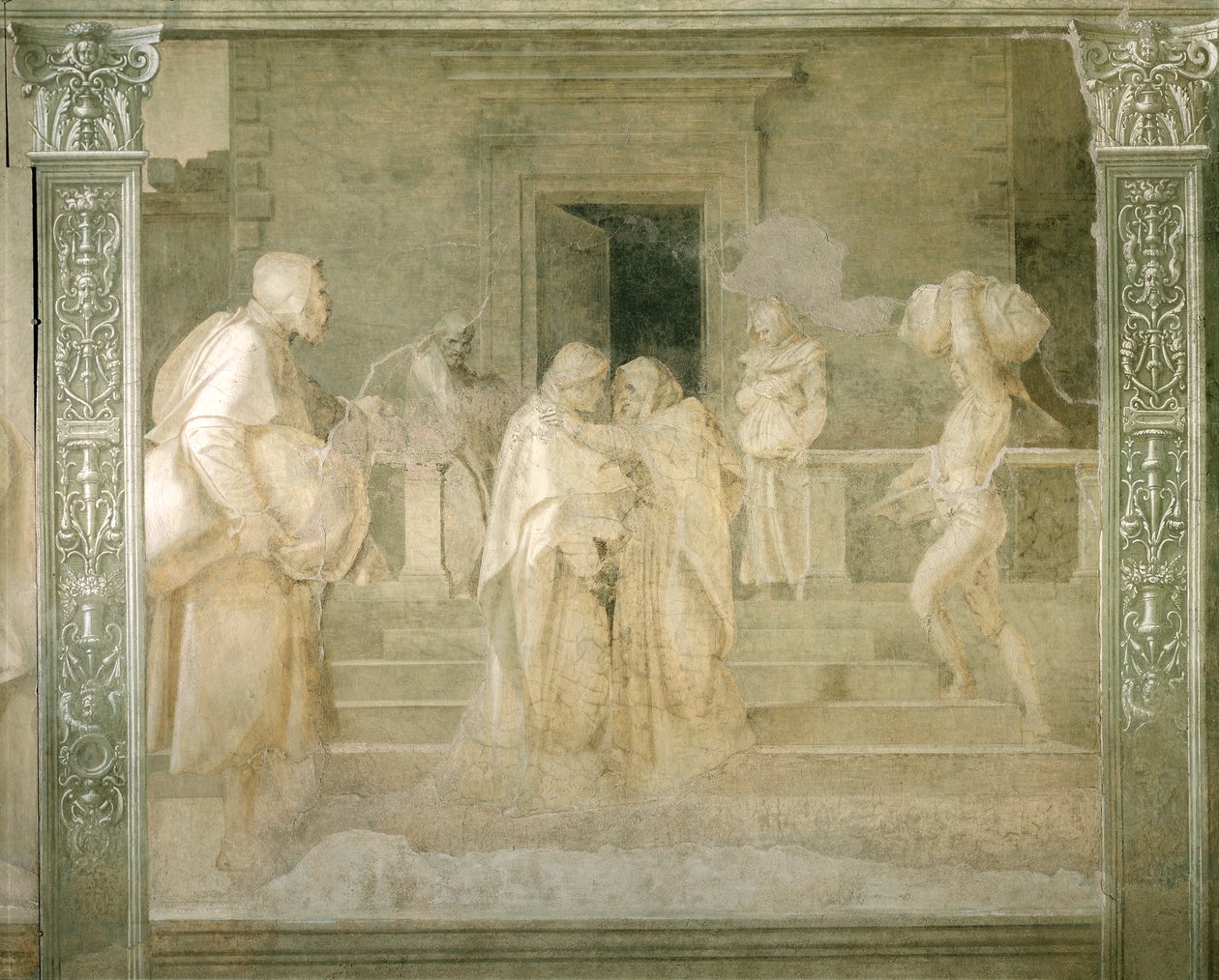 圣母参观伊丽莎白，细节来自安德里亚·德尔·萨托（Andrea del Sarto，1486-1530）的《圣母故事》，单色壁画，佛罗伦萨斯卡尔佐修道院 作者 安德里亚·德尔·萨托（Andrea del Sarto）