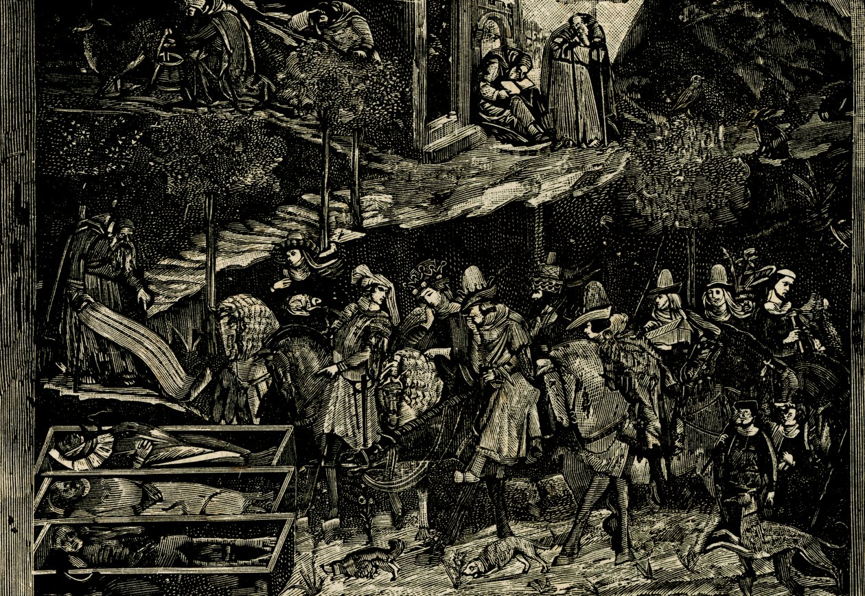 骑马，死亡凯旋的细节，安德里亚·奥尔卡尼亚（Andrea Orcagna，约 1315-1368 年）的壁画，意大利托斯卡纳比萨，木刻取自 Le cento citta d