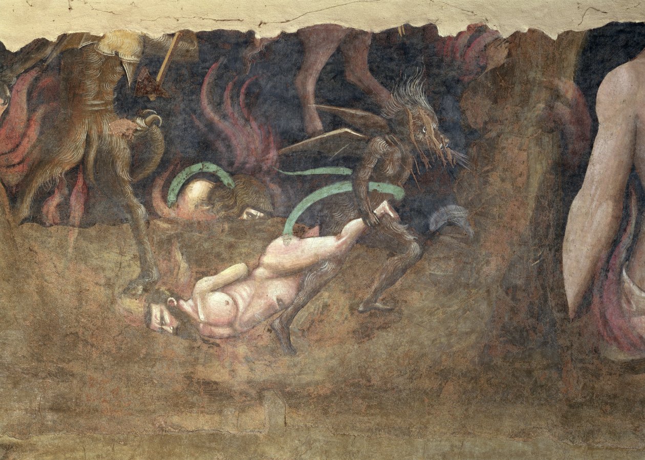 死亡的胜利，一个将罪人带入地狱的恶魔的细节，1348壁画 作者 安德里亚·迪·西奥内·奥卡尼亚