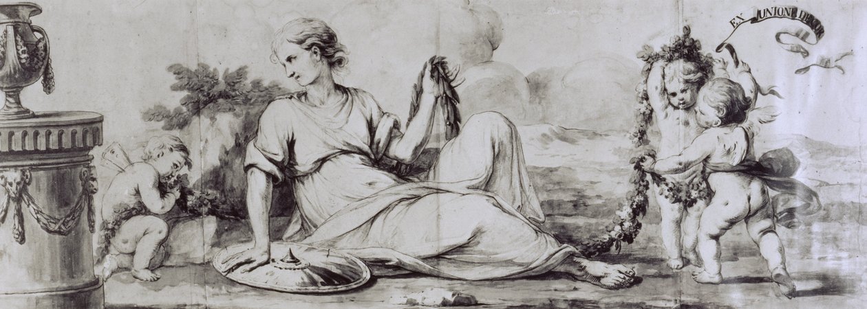 女性形象与普提，寓言式构图，约1754年，安德里亚-阿皮亚尼（1754-1817）为朱塞佩-马乔里尼设计的抽屉式办公室，意大利 作者 安德里亚·阿皮亚尼长老