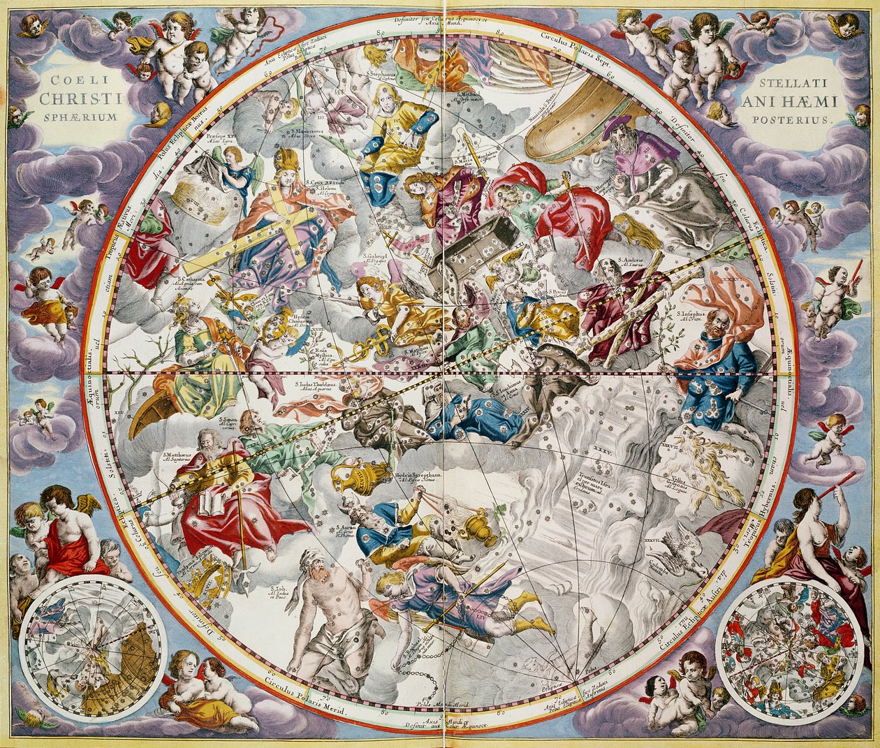 朱利叶斯席勒描绘的基督教星座地图，来自&39;天体地图集，或宇宙的和谐&39;（Atlas coelestis seu harmonia macrocosmica）酒吧。作者：Joannes Janssonius，A 作者 安德鲁·塞拉瑞斯