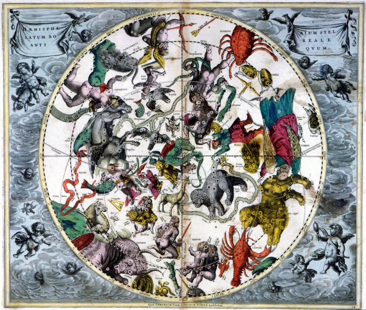 天空图和黄道十二宫--根据安德烈-塞拉利乌斯的 "Harmonia Macrocosmica "绘制的表现北天星座的古代作品的传真件 作者 安德烈亚斯（之后）Cellarius