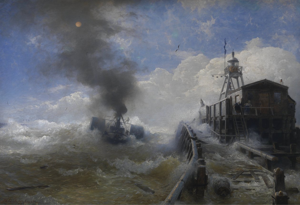 德语：Ein Schlepper verlässt den Hafen von Ostende bei Flut 拖轮在全盛时期驶离奥斯坦德港 作者 安德烈亚斯·阿亨巴赫（Andreas Achenbach）