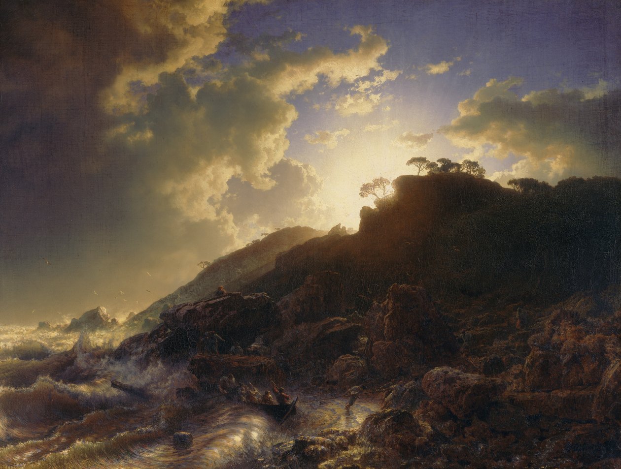 一场暴风雨后的日落在西西里岛的海岸，1853年。 作者 安德烈亚斯·阿亨巴赫（Andreas Achenbach）