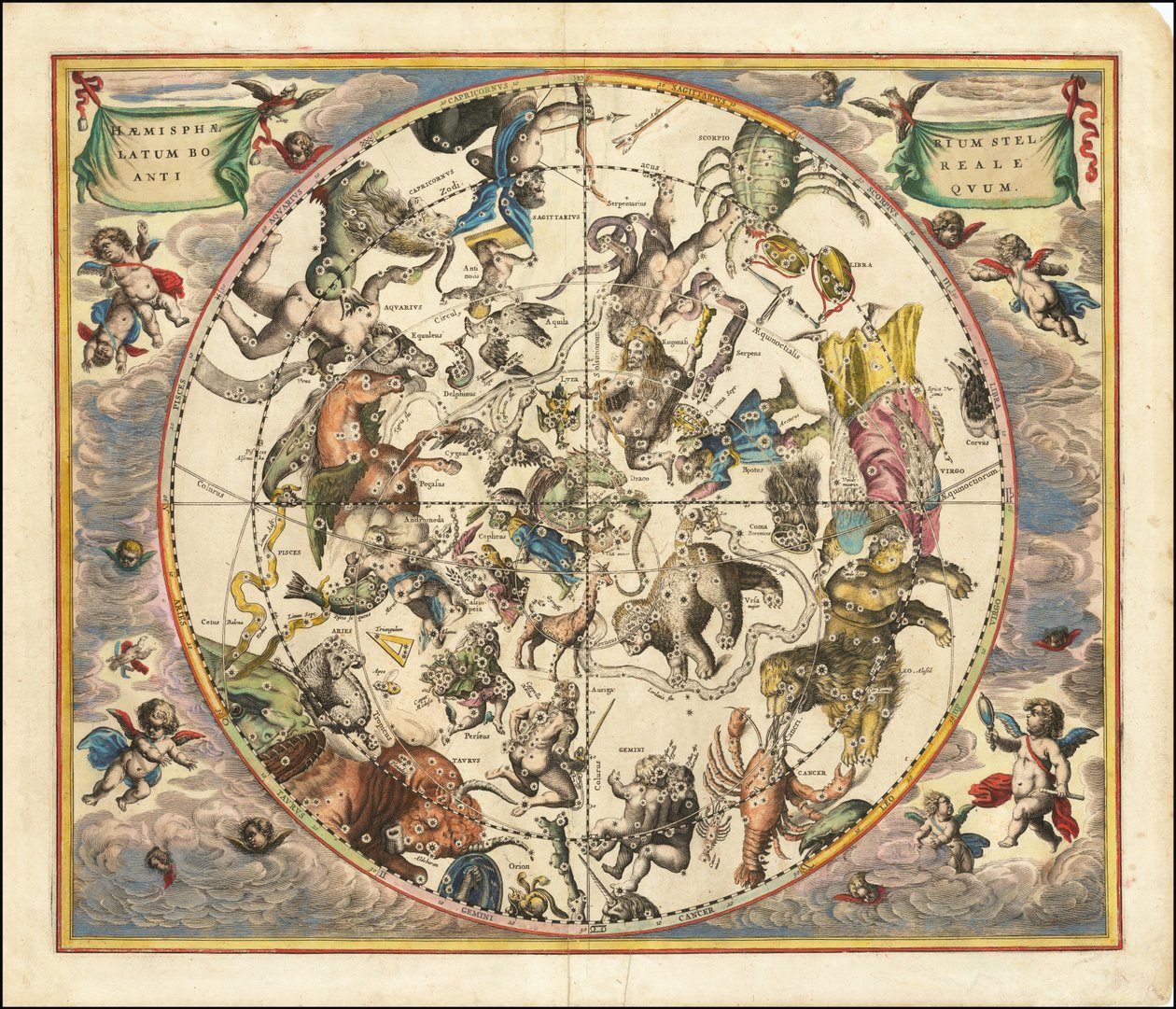 1660 年天体图，北半球星座与地球南半球的叠加图 作者 安德鲁·塞拉瑞斯