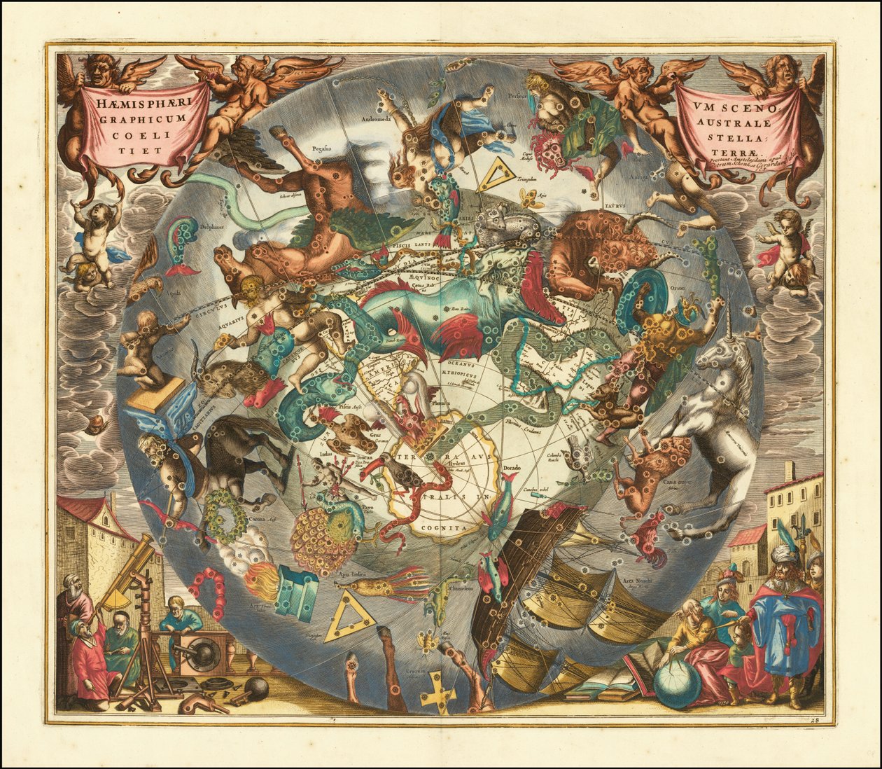 1660 年南天地图，展示南半球的星座 作者 安德鲁·塞拉瑞斯
