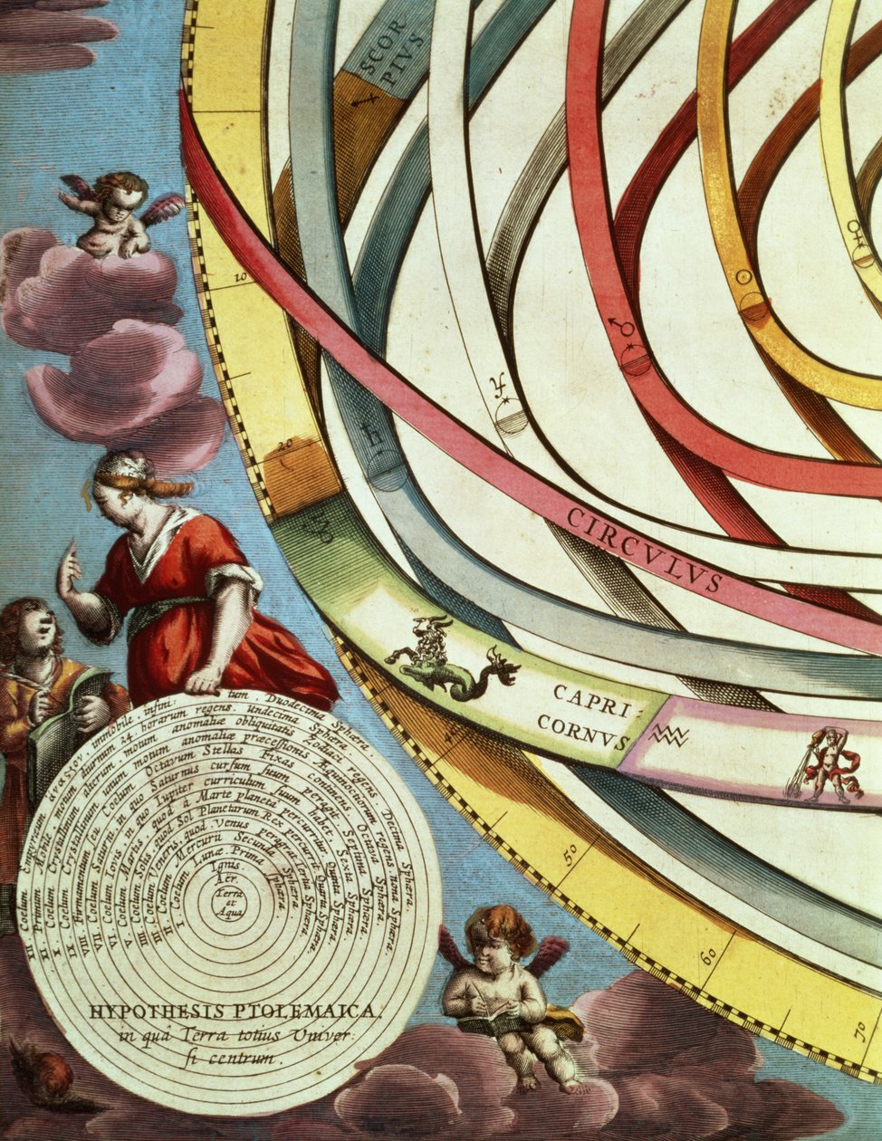 阿姆斯特丹，约 1660 年，《天体图集，或宇宙的和谐》（Atlas coelestis seu harmonia macrocosmica）中的地心说地图一角细节，显示托勒密系统（见 90197） 作者 安德鲁·塞拉瑞斯
