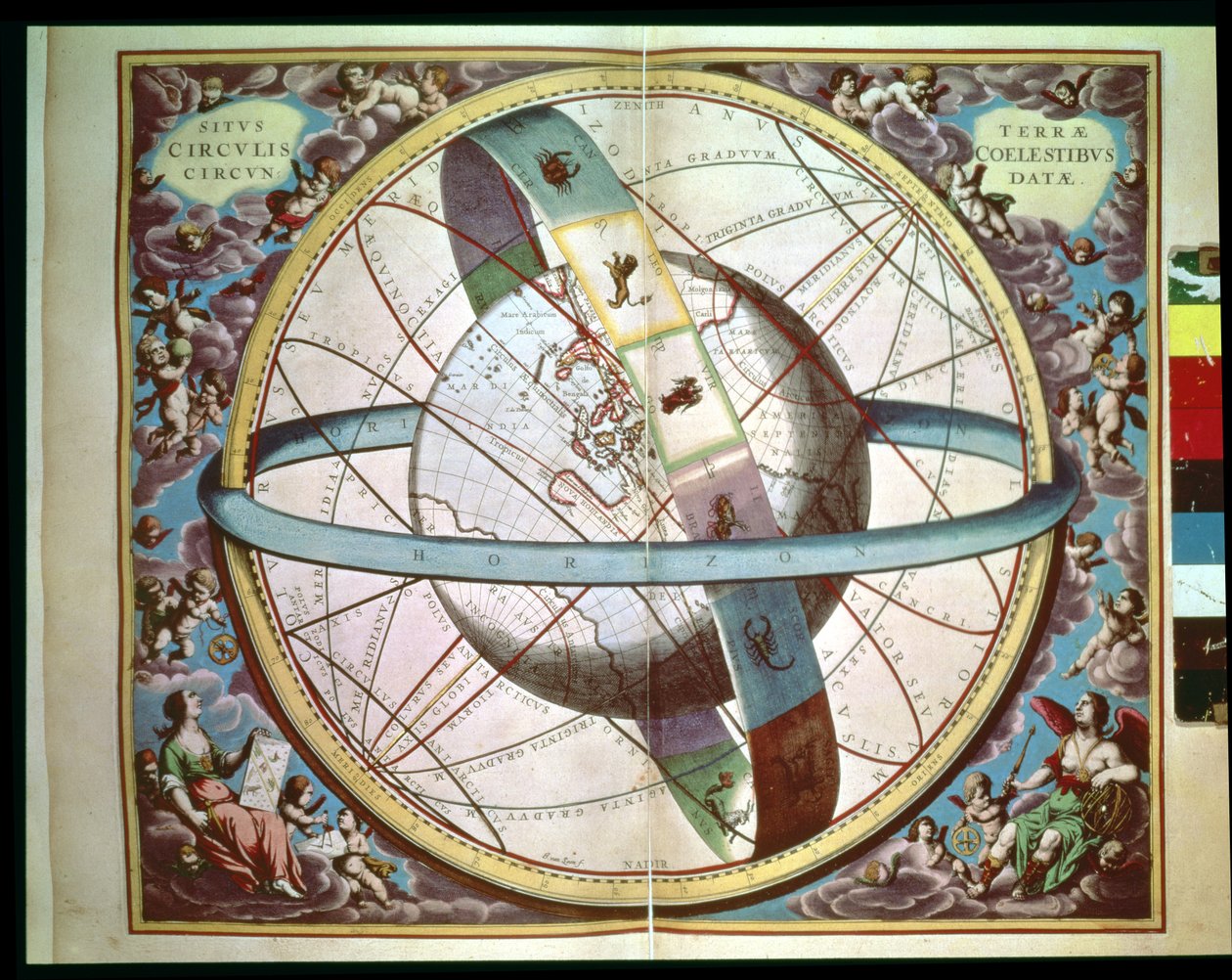 环绕黄道十二宫的世界地图，"Situs Terrae Circulis Coelestibus Circundate"，选自《天体图集，或宇宙的和谐》（Atlas coelestis seu harmonia macrocosmica），阿姆斯特丹，约 1660 年 作者 安德鲁·塞拉瑞斯