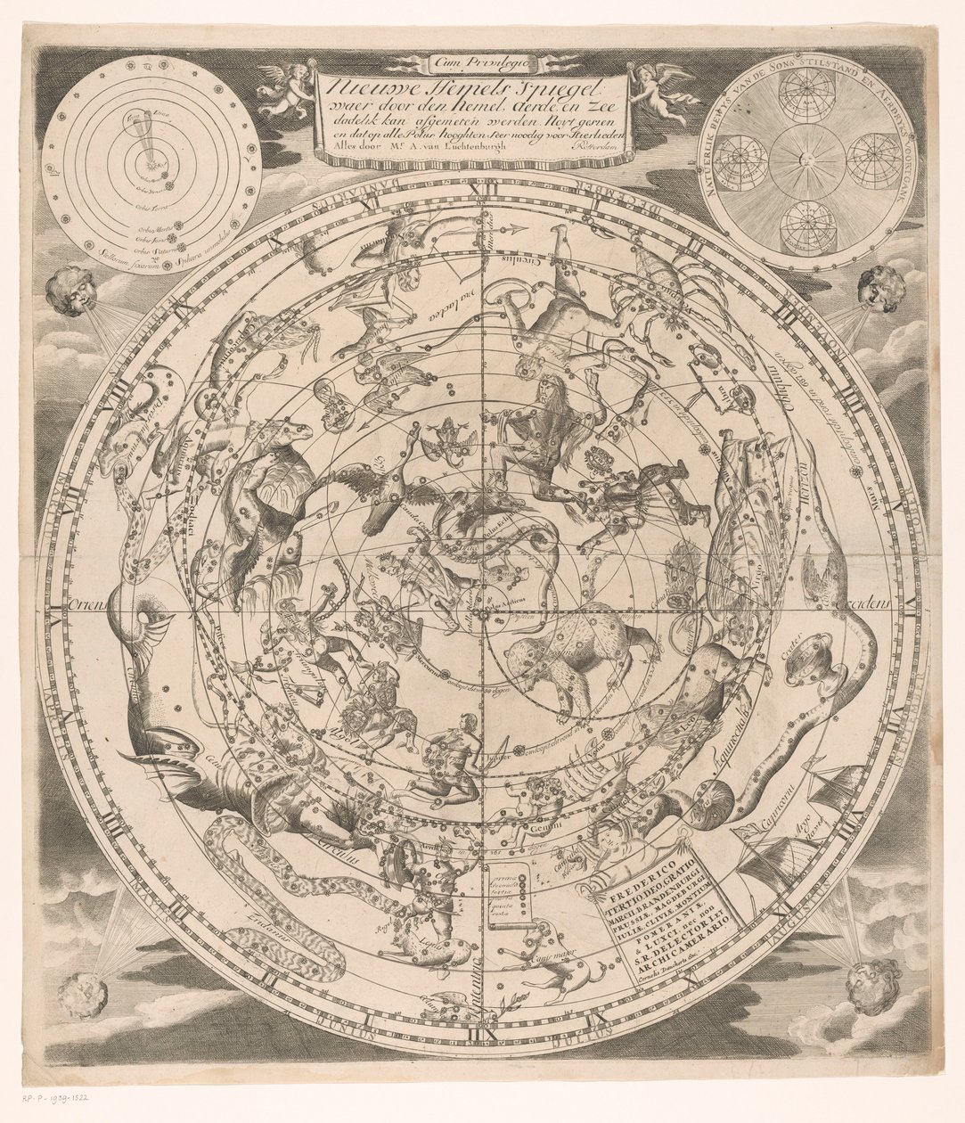 绘有北方星座的星空图
新的天空之镜：天空、星空和海洋的怀尔（......）（标题见实物） 作者 Andreas van Luchtenburg（可能）