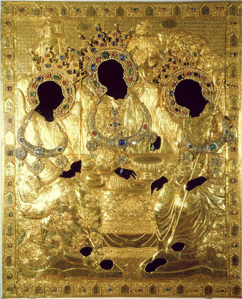 Oklad，或三位一体图标（宝石和珍珠的金银）（细节） 作者 安德烈·鲁布列夫（Andrei Rublev）