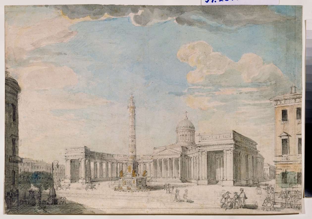 圣彼得堡喀山圣母大教堂 - Oeuvre de Andrei Nikiforovich Voronikhin (Voronikhine) (1759-1814), crayon et aquarelle sur papier, vers 1800, art russe 18-19th siecle, cl 作者 安德烈·尼基福罗维奇·沃罗尼克