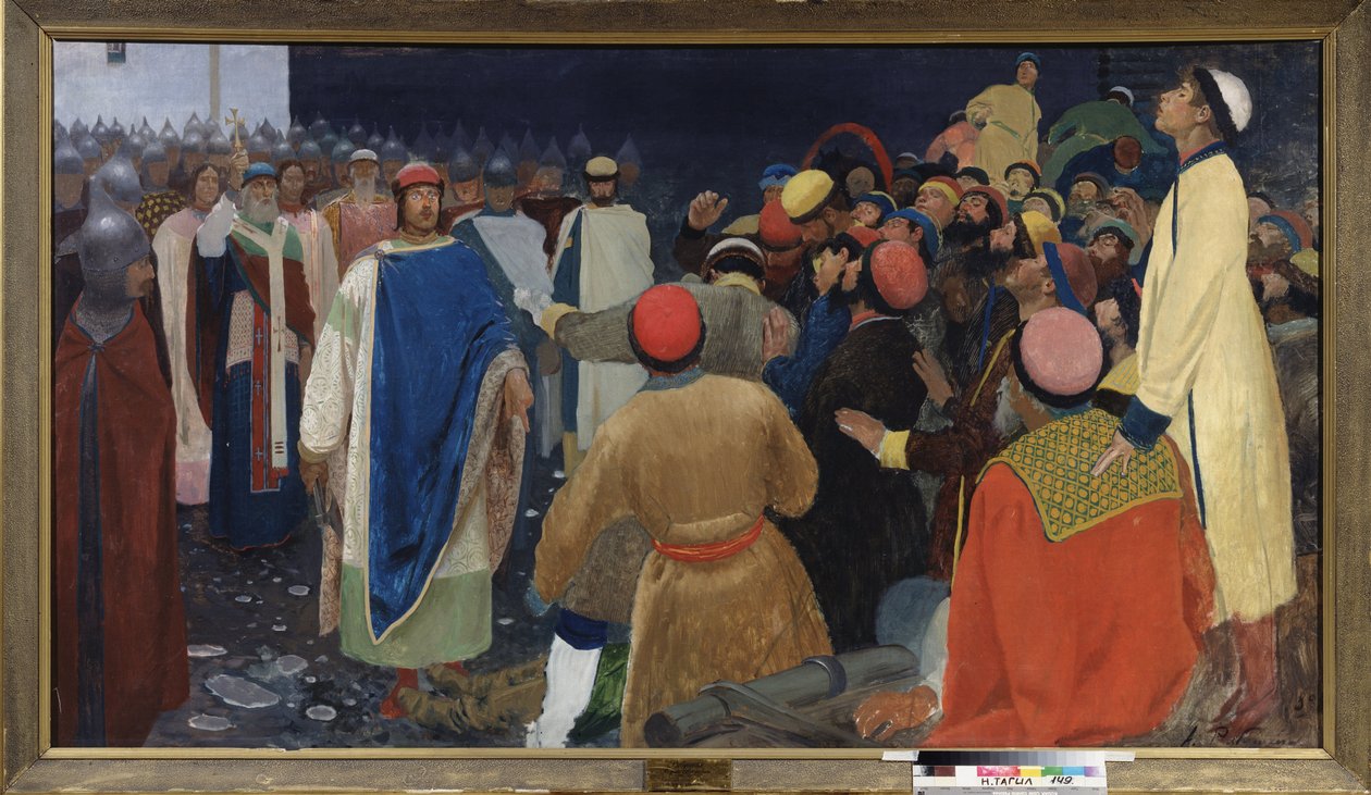 格列布·斯维亚托斯拉维奇王子（Gleb Sviatoslavitch，卒于 1079 年）在诺夫哥罗德的一个 vesche 杀死了一名 volkhve（斯拉夫法师占卜者）。 安德烈·彼得罗维奇·里亚布什金 (Riaboutchkine) (1861-1904) 绘画，布面油画 作者 安德烈·彼得罗维奇·里亚布什金